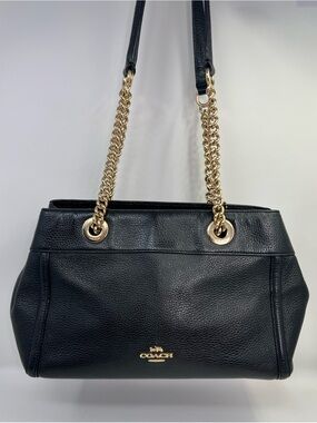 Coach Purse Hand Bag Brooke Chain Carryall Black Polished Pebble Leather Luxury